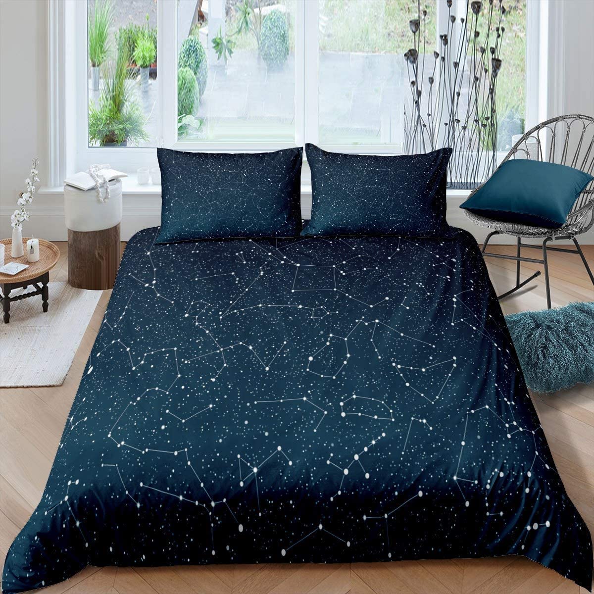 Homemissing Set biancheria da letto con copripiumino e lenzuola con motivo costellazione cielo stellato blu scuro per ragazzi e ragazze - Taglia singola