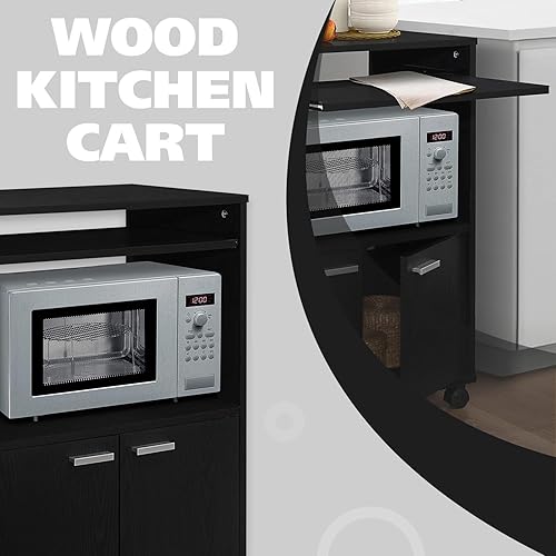 Miniatura 4 de Kings Brand Furniture - Byron - Carrito de cocina para microondas con dos puertas y estante para almacenamiento color negro