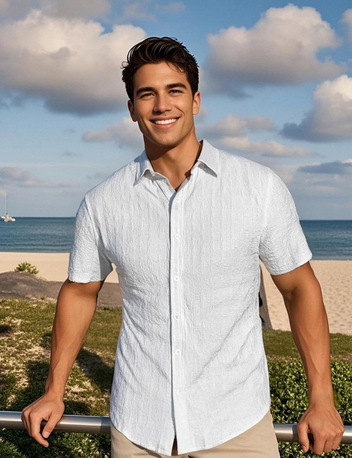 ZEROYAA Men's Knit Shirt Vintage Slim Fit Short Sleeve Button Down Shirts Summer Vacation Beach Tops - Image 2