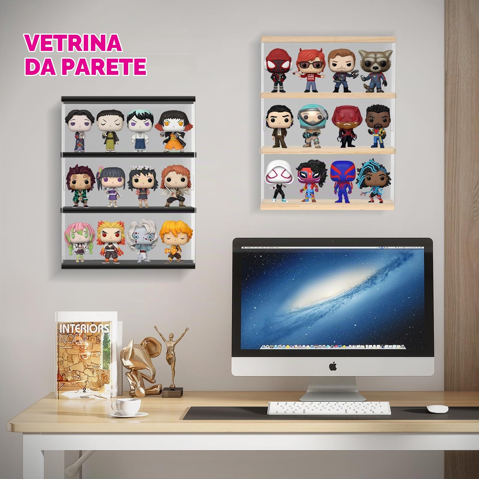 3 Livelli di Vetrina in Acrilico, Scatola da Esposizione a Parete per Mobili da Collezione, Vetrina Trasparente con Porta per Mini Funko Pop, Action Figure, 29,3 x 8,5 x 38 cm, Noce