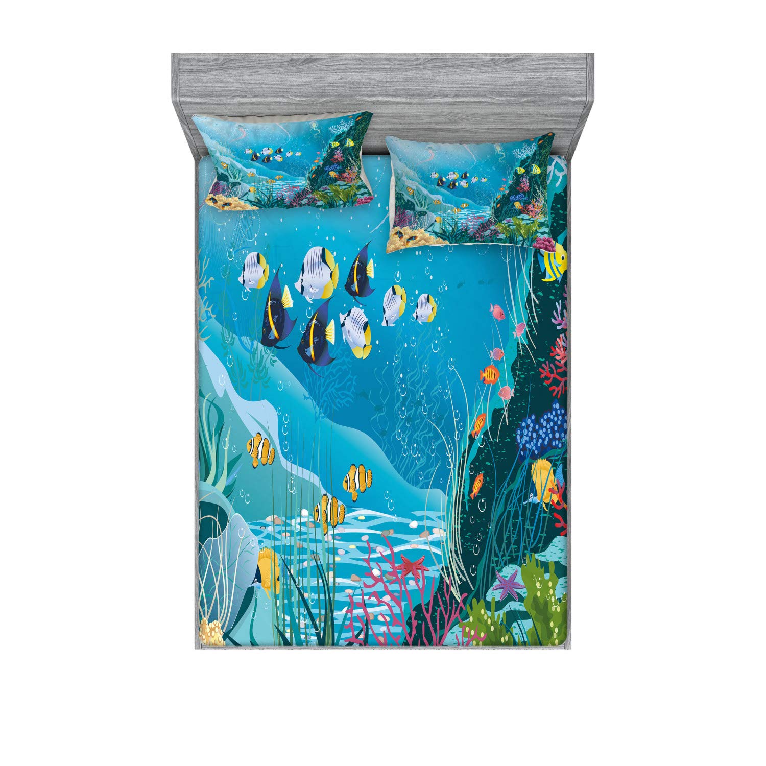AmbesonneFish Fitted Sheet & Pillow Sham Set, Underwater Landscape with Tropical Fish and Algae Polyps Descriptive Nautical Image, Decorative Printed 3 Piece Bedding Decor Set, Queen, Ocean Blue