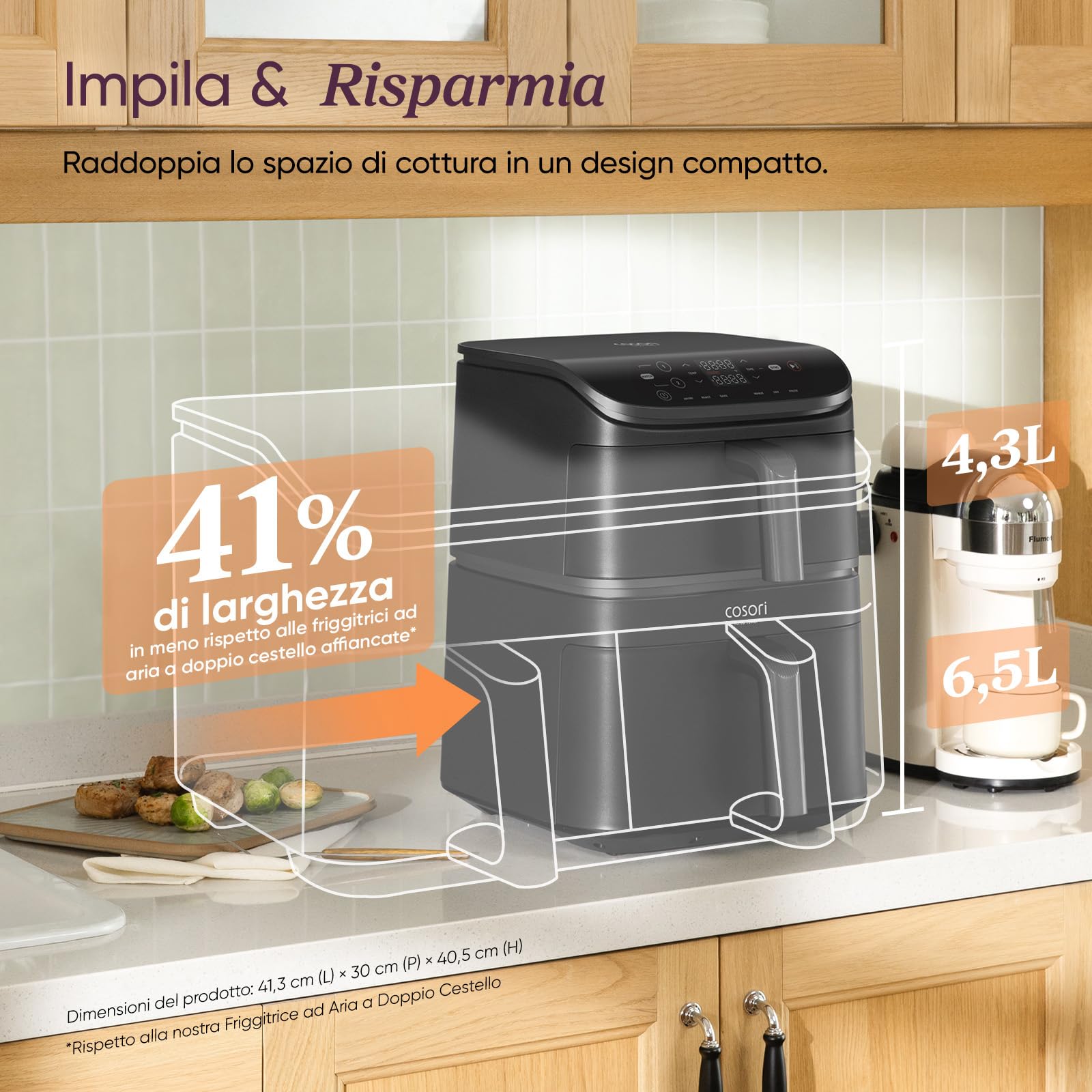 COSORI Turbo Tower Friggitrice ad Aria 10,8L con Cestelli Verticali, Cottura Salvaspazio a 3 Livelli, 2630W, 2 Motori DC, 6 Funzioni, 50+ Ricette Complete Online, 2 DC Motori, CAF-DC111