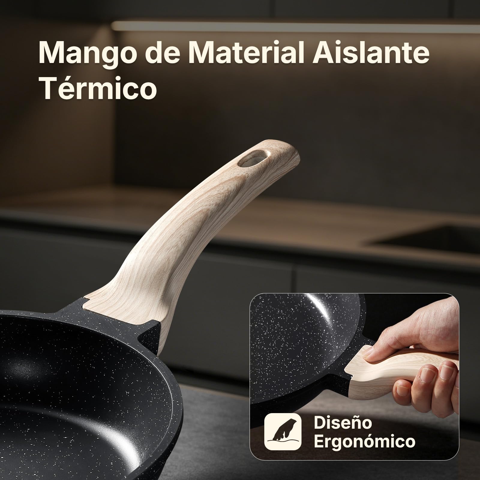 CAROTE Sartén Antiadherente de 24 cm, Apto para Inducción, Efecto Granito | Sartén inducción con mango efecto madera, ideal para tortitas y salteados. Apto para todo tipo de cocinas, libre de PFOA