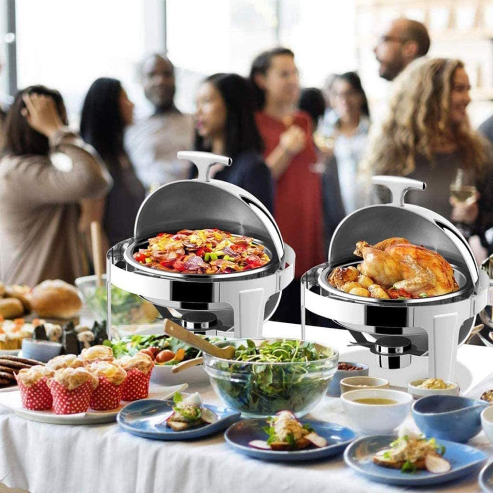 Chafing Dish in Acciaio Inox,Set di Chafing Dish Rotondi per Scaldare Gli Alimenti,Buffet,con Teglie per Alimenti E Porta-Combustibile,Set di Scaldavivande per Cateri,Full Cover
