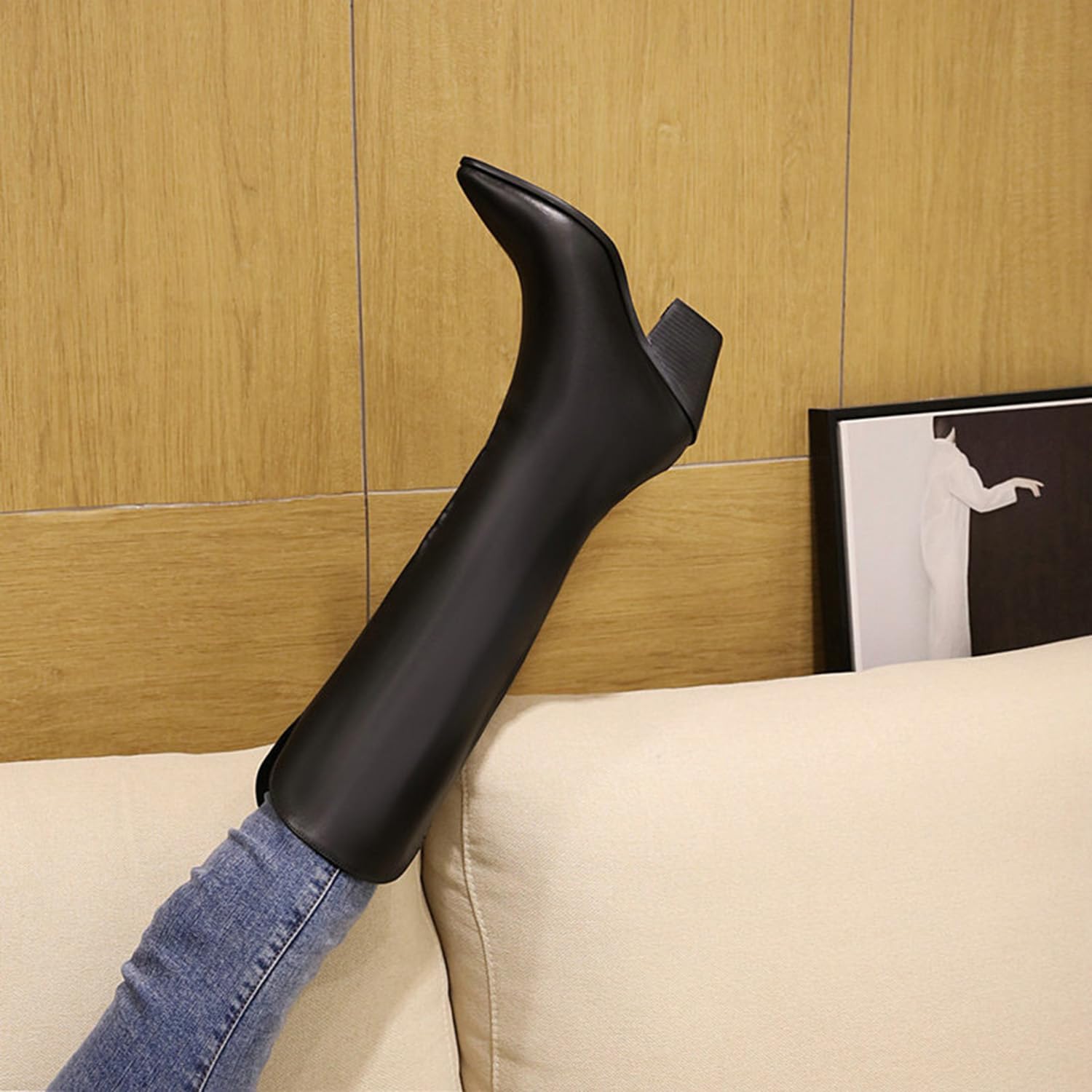 Kniehohe Damenstiefel mit Spitze Zehen Blockabsatz Langschaft Reitstiefel