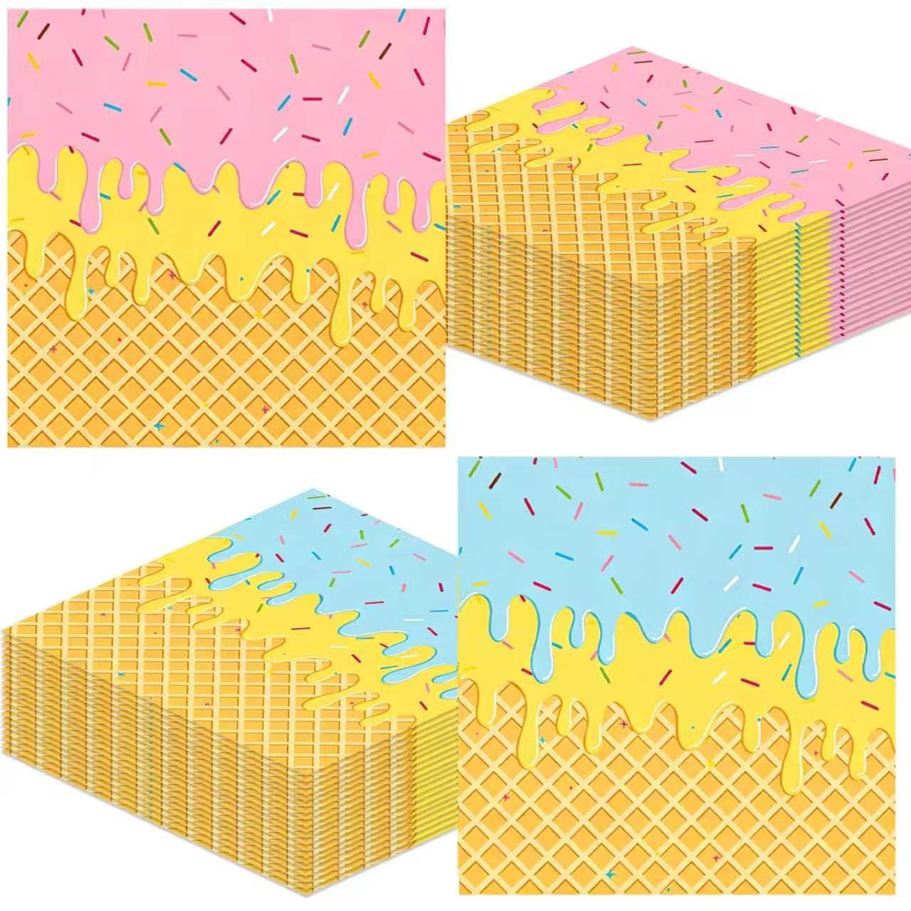 Ice Cream Party Decorations, 60 PCS Light Blue & Pastel Pink Disposable Paper Napkins with Ice Cream Drip for Kids Birthday Party, Summer Party, and Donut Party supplies