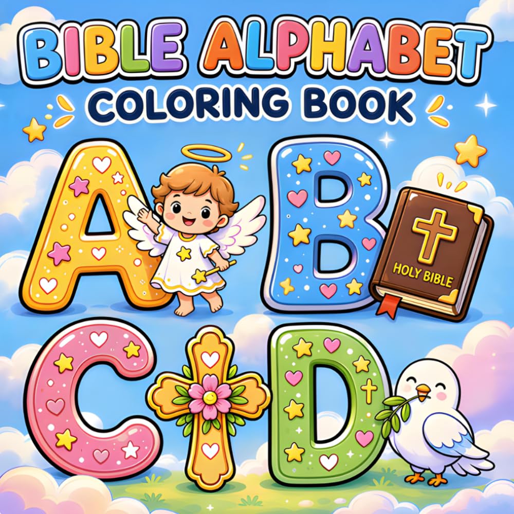 Bible Alphabet Coloring Book: Christian ABC Coloring Pages with Faith Letters, Bible Symbols, Angels, Dove, Cross, and Cute Learning Designs