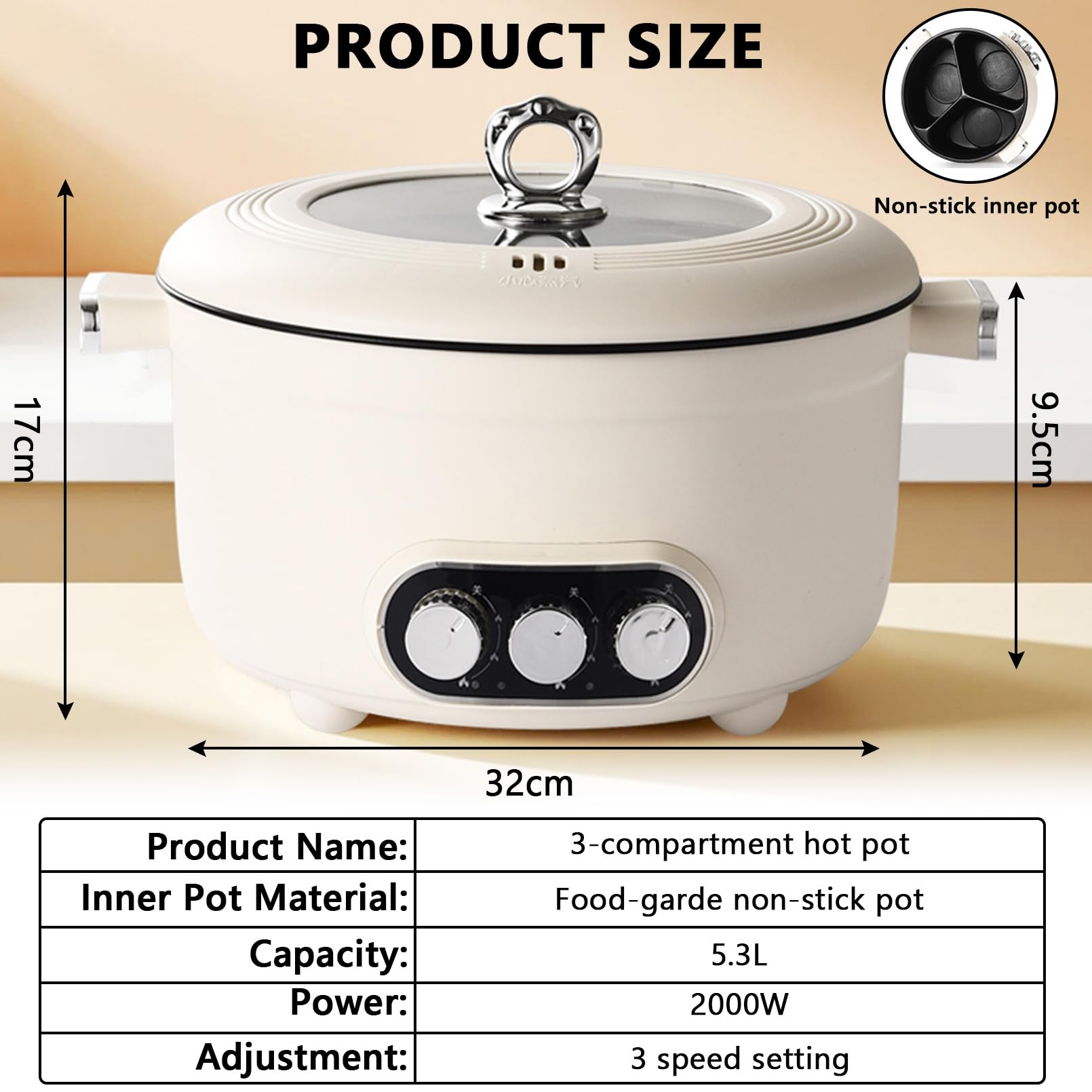 Hotpot Casserole électrique 5,3 l avec chauffage rapide et trois boutons rotatifs, 1600 W avec revêtement antiadhésif, 3 niveaux de réglage de la température, pour steak, fondue, légumes