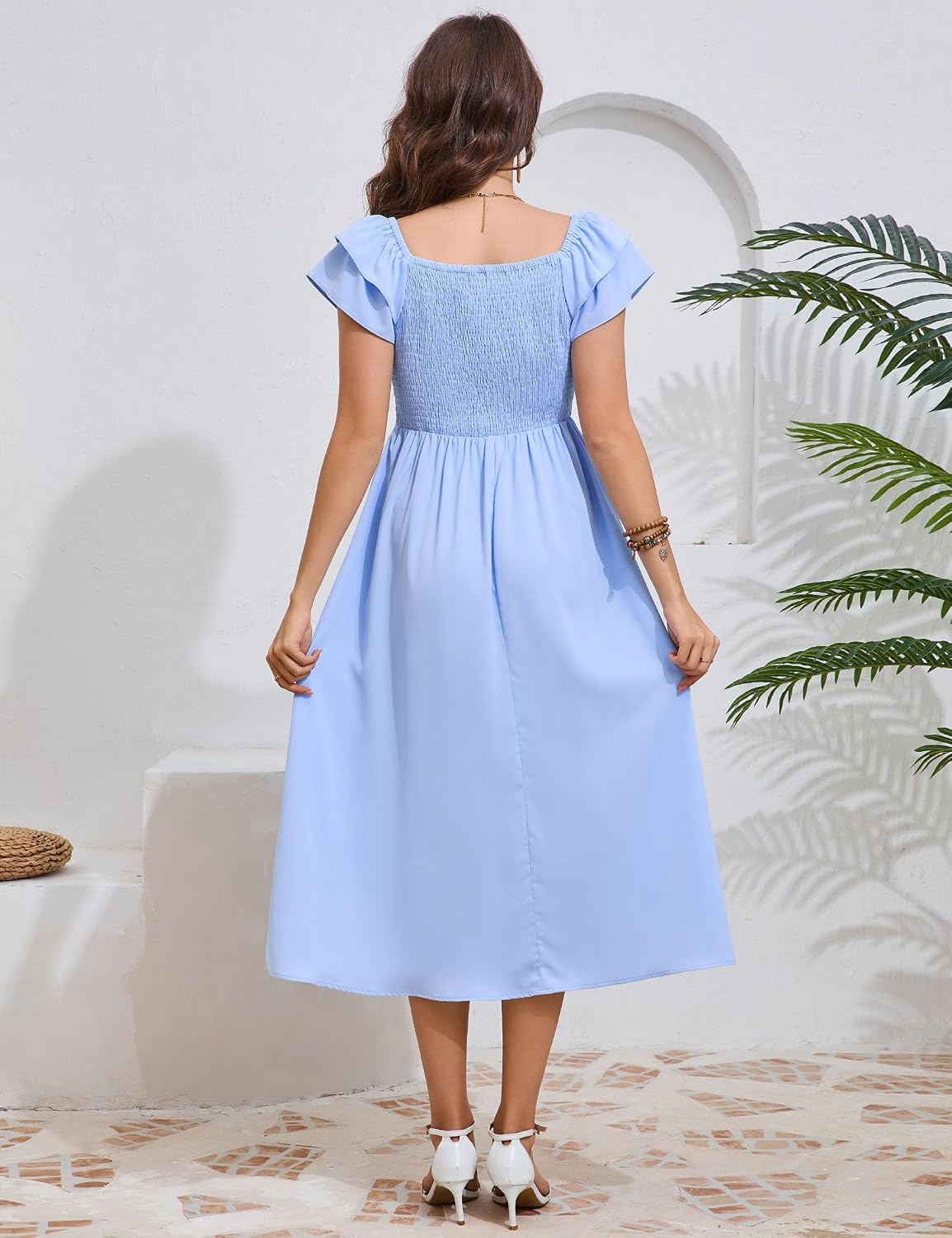 KOJOOIN Womens Maternity Flutter Short Sleeve Square Neck Summer Casual Dress Smocked Boho Maxi Dress Photoshoot Baby Shower