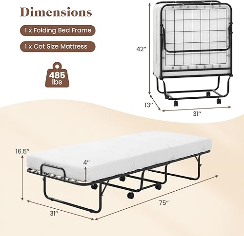 Miniatura 3 de MAT EXPERT Cama plegable con colchón, cama plegable con colchón de espuma viscoelástica de 4 pulgadas y funda transpirable, 4 ruedas lisas con 2