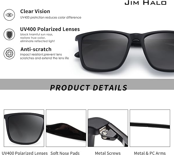 JIM HALO Gepolariseerd Licht Rit Zonnebril Retro Vierkant Anti-UV Klassiek Zonnebril Mannen(Zwart/Gepolariseerd Groen
