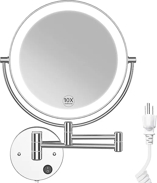 Benbilry 9" Large Size Wall Mounted Lighted Makeup Vanity Mirror, 1X/10X Magnifying Double-Sided AC Powered Bathroom Mirror, 360° Swivel 13 Inch Extendable Chrome-led