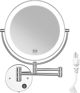 9" Lighted Wall Mounted Makeup Mirror with Magnification 10X, Large Size Double Sides LED Vanity Mirror, 10X Magnifying Mirror with Lights, 360° Swivel LED Bathroom Mirror