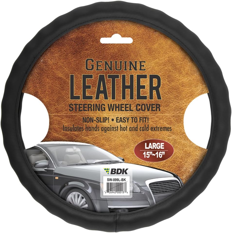 BDK Black Genuine Leather Steering Wheel Cover Large 15.5 to 16 inch