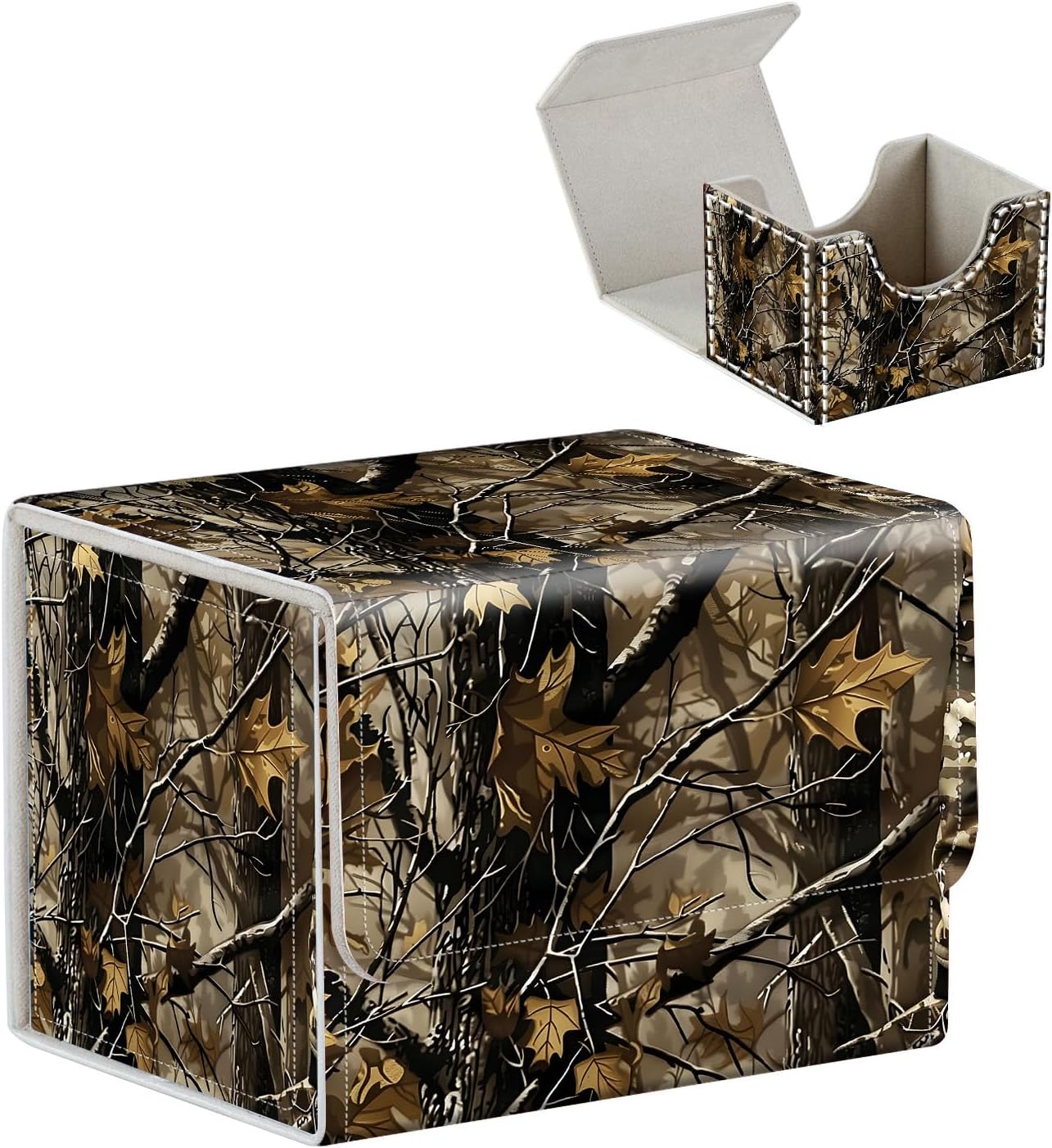 High-Capacity Art Deco Card Deck Box - Ideal Trading Card Game Storage Solution with Compact Size, and Easy Access - PU Leather Fits for TCG CCG Magic Cards(Camouflage Fabric)
