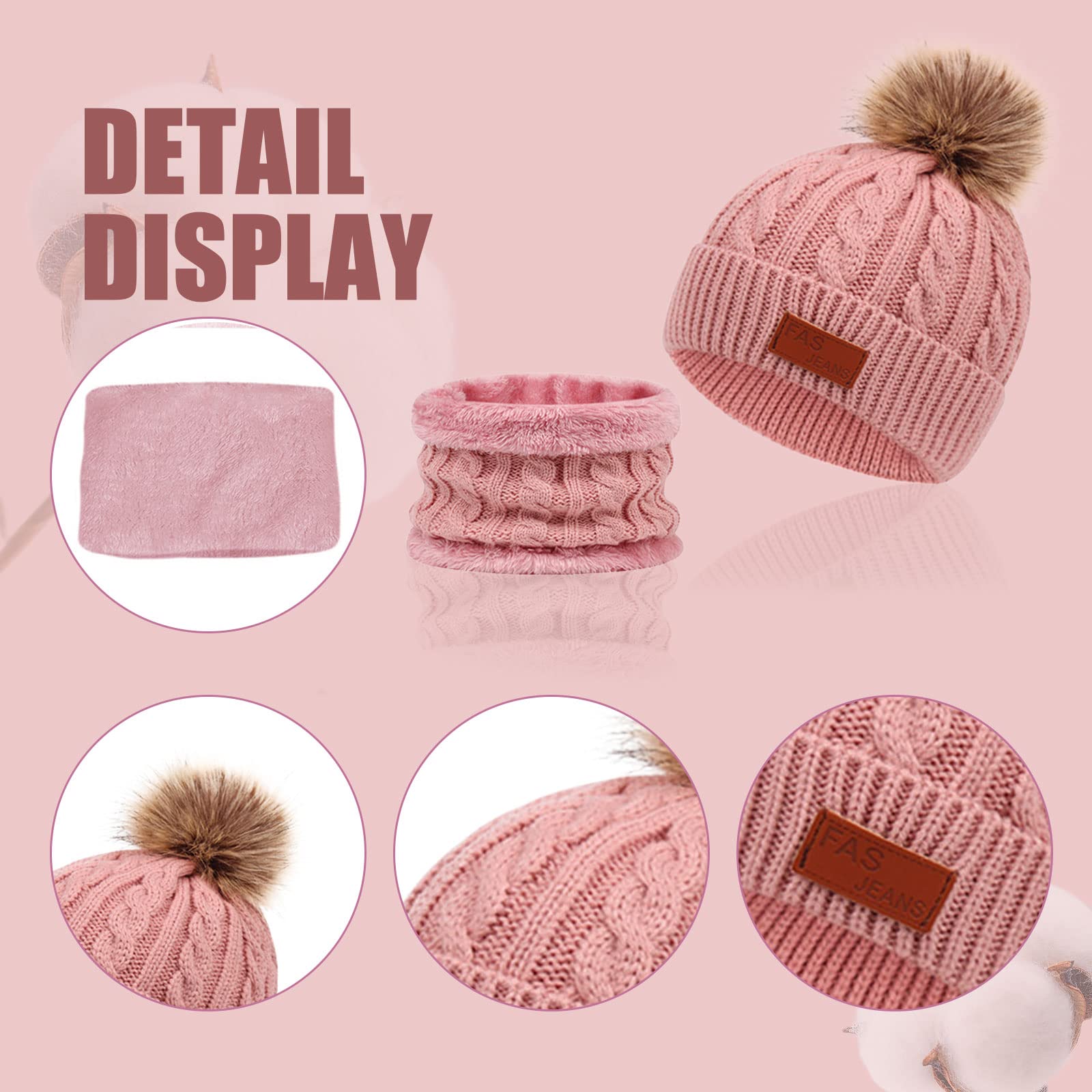 MIVAIUN Rosa 3 Piezas Gorro de Punto Invierno Térmico con Guantes y Bufanda Forro Polar Niños Set Accesorios de Invierno para Niñas Bufanda de Ganchillo Gorro de Punto Niñas 3-5 Años