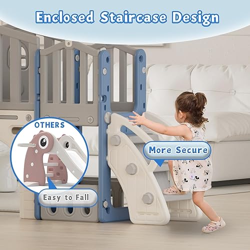 Miniatura 5 de Juego de toboganes 8 en 1 para niños pequeños de 1 a 3 años, juego de tobogán escalador con aro de baloncesto y pelota, patio de juegos para niños