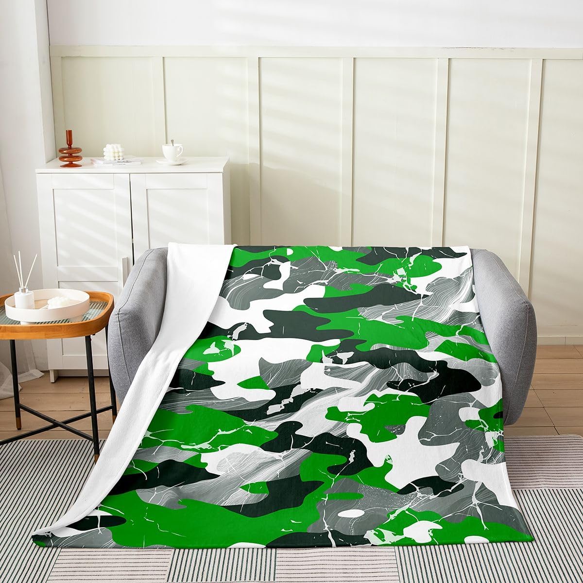 Feelyou Marble Camo Flannel Fleece Throw Blanket Abstract Camouflage Twin 60"x80" Modern Camo Design Fleece Throw Blanket for Kids Women Men Green Black Grey for Bed Couch Living Room Bedroom Decor