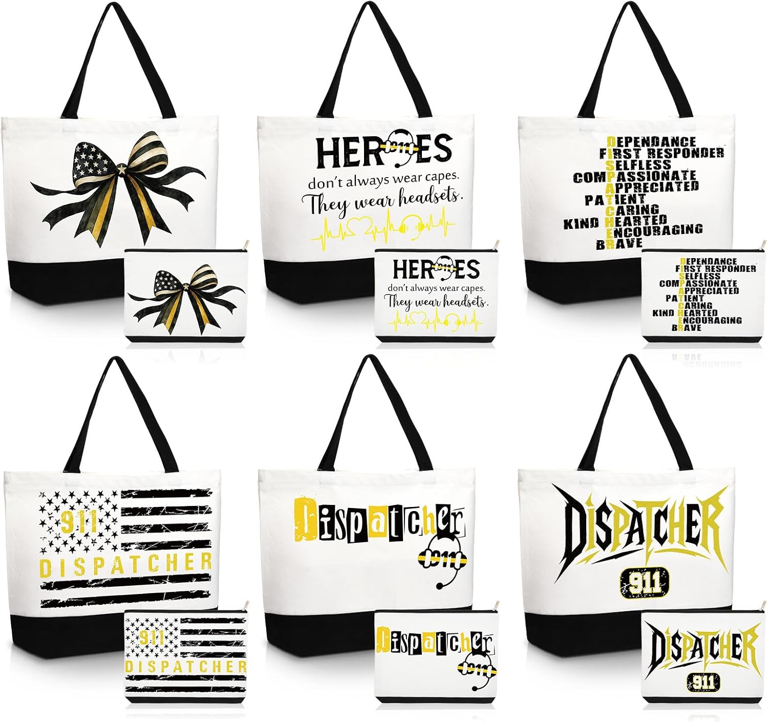12 Pcs 911 Dispatcher Appreciation Gifts for Women Tote Bags Makeup Bags Dispatcher Telecommunicator Week Gift for 911 Dispatchers Operator First Responders Retirement
