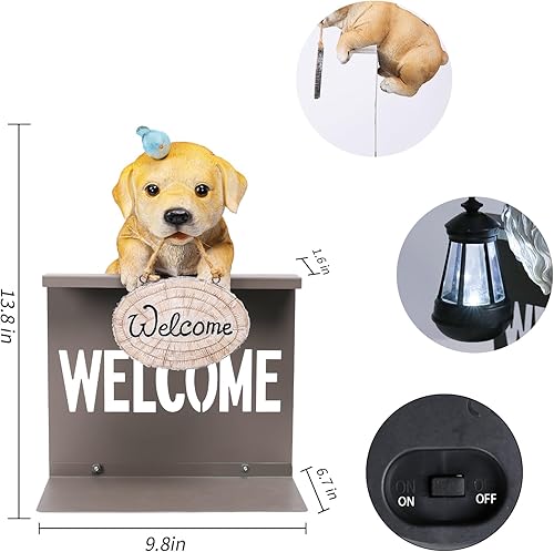 Miniatura 4 de Estatuas de perro de jardín con pájaro solar, estatua solar de cachorro de labrador con base de valla de bienvenida, esculturas al aire libre,