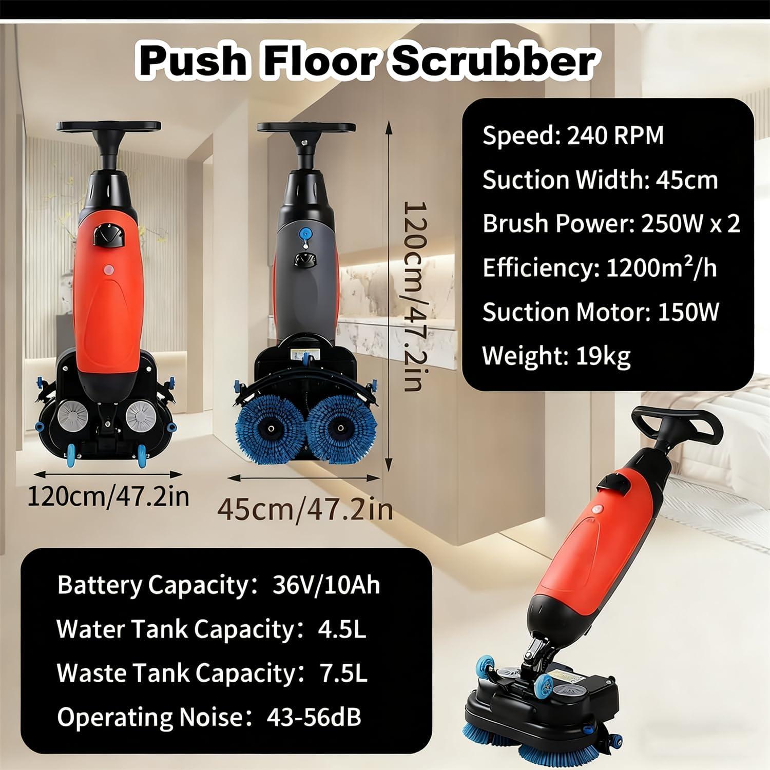 Commercial Floor Scrubber - Multi-Functional Floor Buffer Polisher Machine, Cordless Floor Washer, Hand Push Scrubber Dryer, 13000 Sqft/H, with 18" Cleaning Width, Rotary Double Brushes