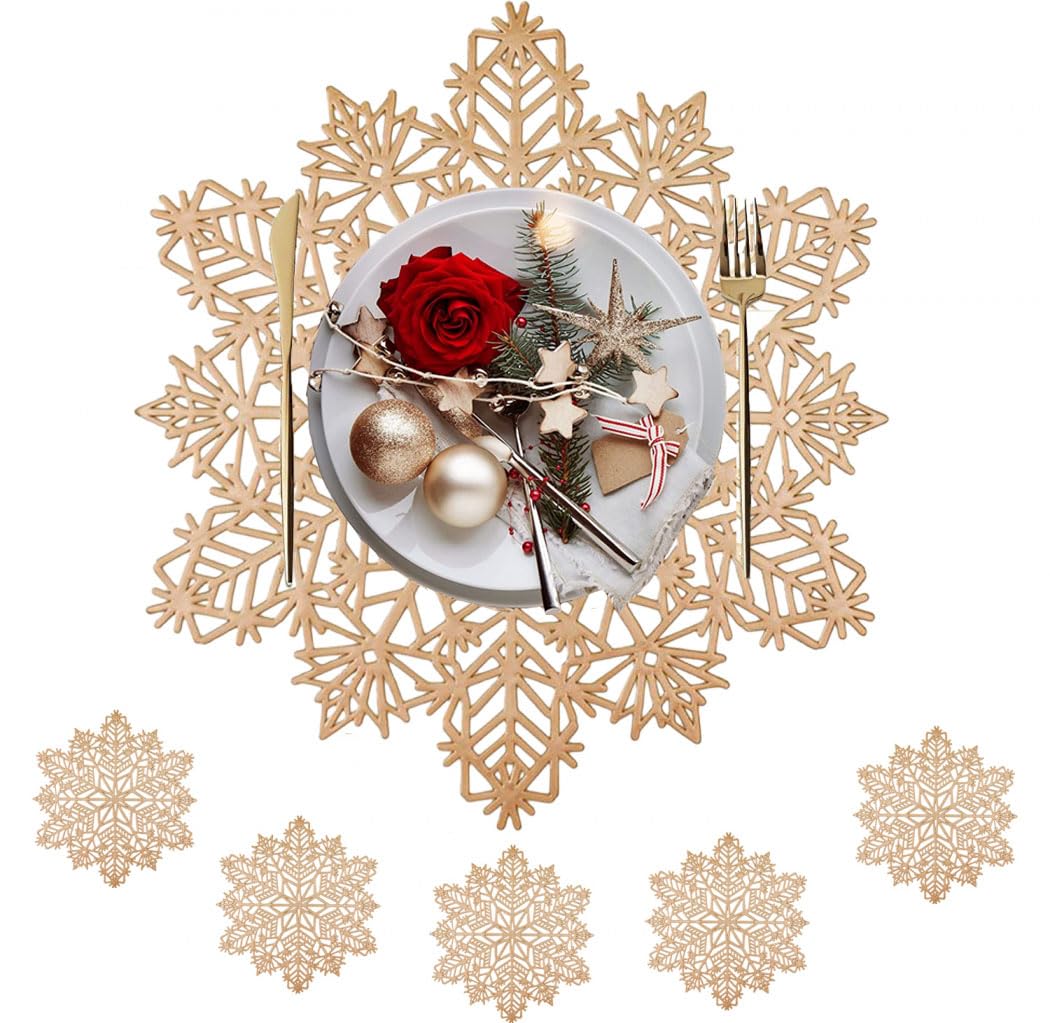 Goodern 6Pcs Eid Ramadan Snowflake Placemats Set,Gold Laminated Metallic Vinyl Round Table Decorations Table Mat Tablemats Eid Mubarak Ramadan Decorations Eid Ornaments for Islamic Muslim Decor-38CM