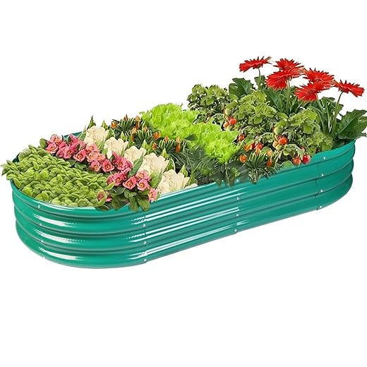 Raised Garden Bed GRS Certified Galvanized Planter Box Outdoor, 5ft Oval Rot-Resistant Metal Garden Bed Planter, Recycled Eco-Friendly Material Planter for Vegetables Flowers Herbs (Green)