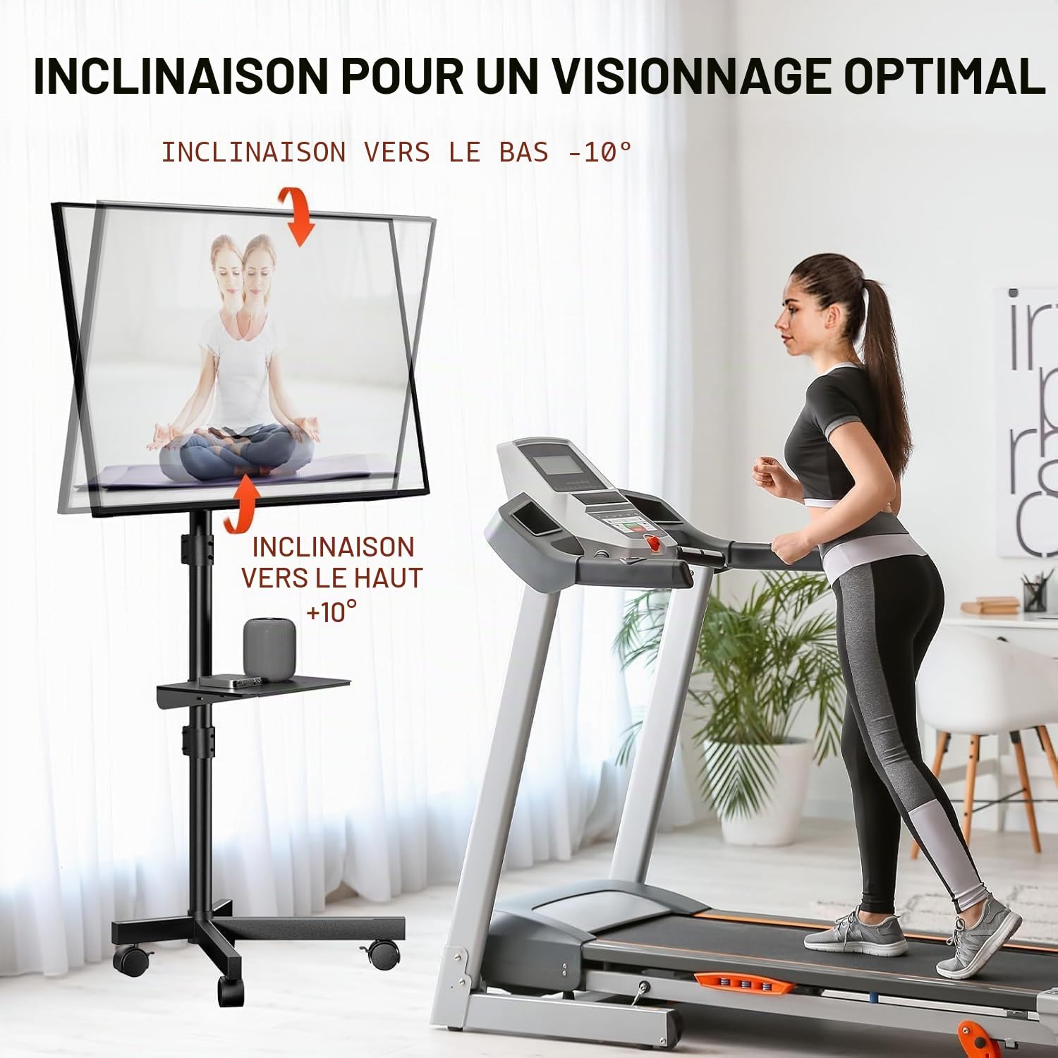 Support-TV roulettes pour 23-60 Pouces Téléviseur - Réglable en Hauteur Support TV sur Pied TV Mobile avec Support Média, Compatible VESA Jusqu’à 400 x 400 mm, Charge Maximale 40 KG, Noir