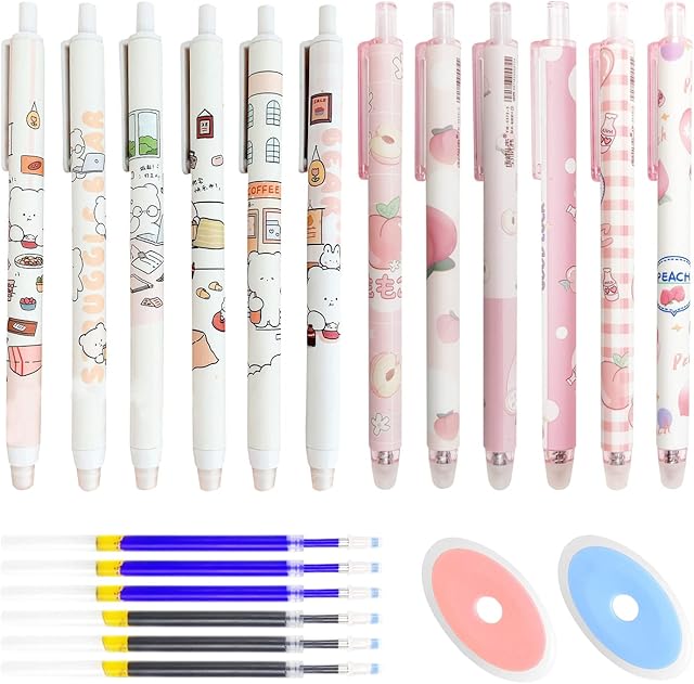 GZGXKJ 38 Pcs Erasable Pens 0.5mm Rub Out Pens Kawaii Kids Pen with Refill Rollerball Cartoon Friction Rubber Pens for Student Stationery Office Supplies, Blue and Black (A)