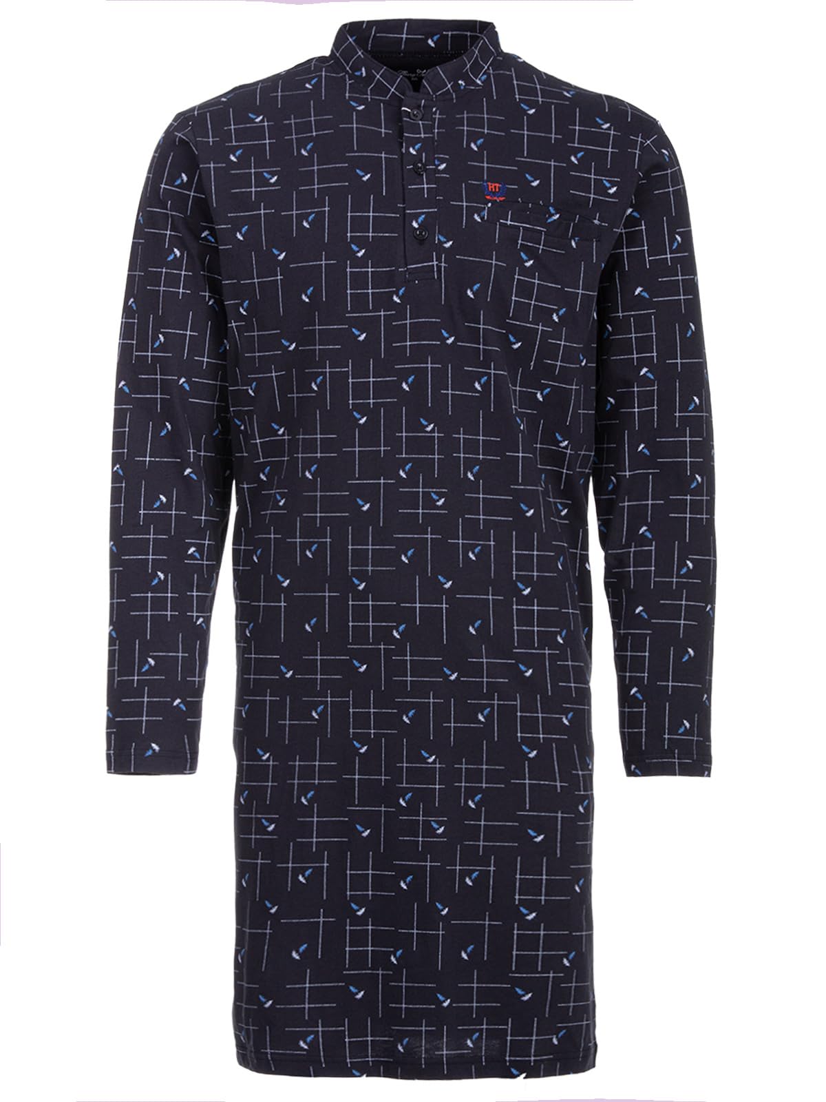 Chemise de nuit à manches longues pour homme - Motif lignes de grille - Poche poitrine - Boutonnière - Taille M à 3XL