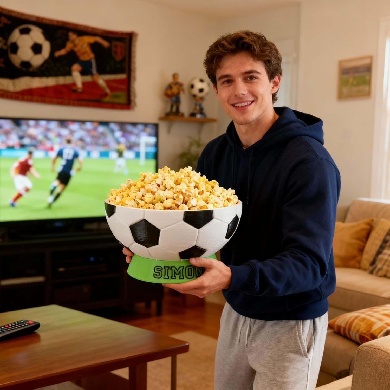 Drawelry 3D Printed Sports Snack Bowl, Basketball Ball Shaped Serving Tray for Chips Popcorn Candy, Reusable Party Bowl Gift for Sports Fans (Soccer)