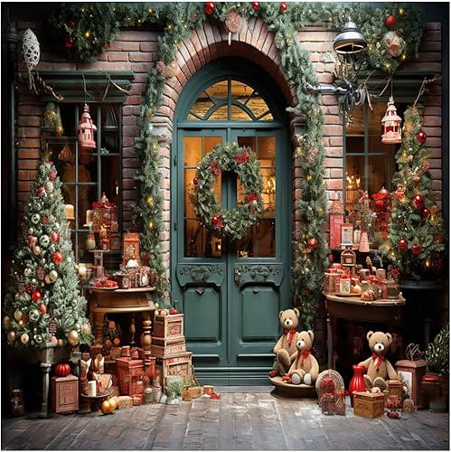 Miniatura 8 de Kate 7x5ft Patio Familiar Árbol de Navidad Decoración Fotografía Fondos de Casa de Ladrillo Puerta Frontal Caja Cuentas Oso Foto Fondo