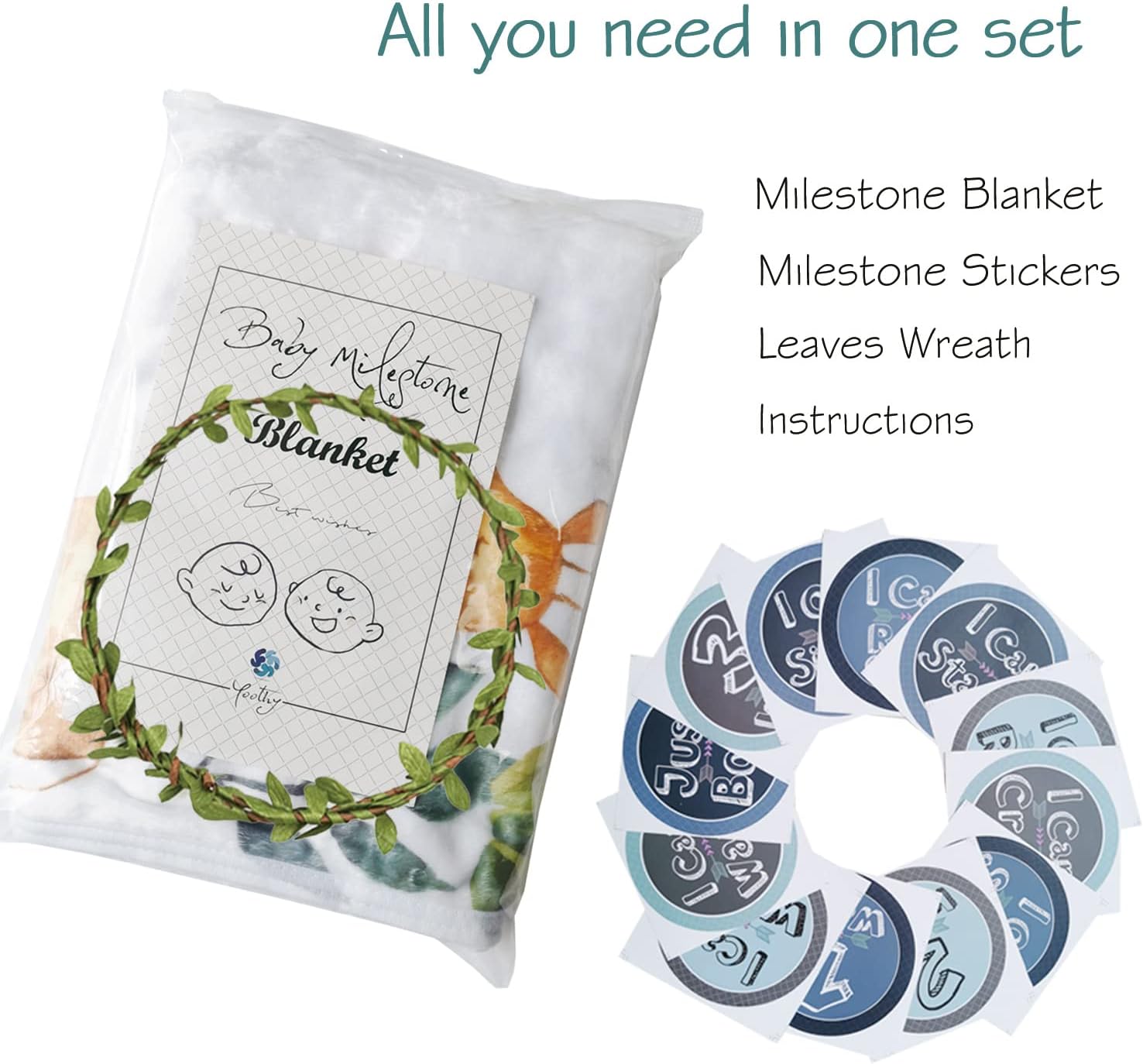 Safari Baby Monthly Milestone Blanket for Boy and Girl, Gift for Baby Shower, Growth Chart Photo Blanket, Wreath &12 Stickers Included, Soft Flannel Blanket, Elephant, Lion 40''x 40'' - Image 2