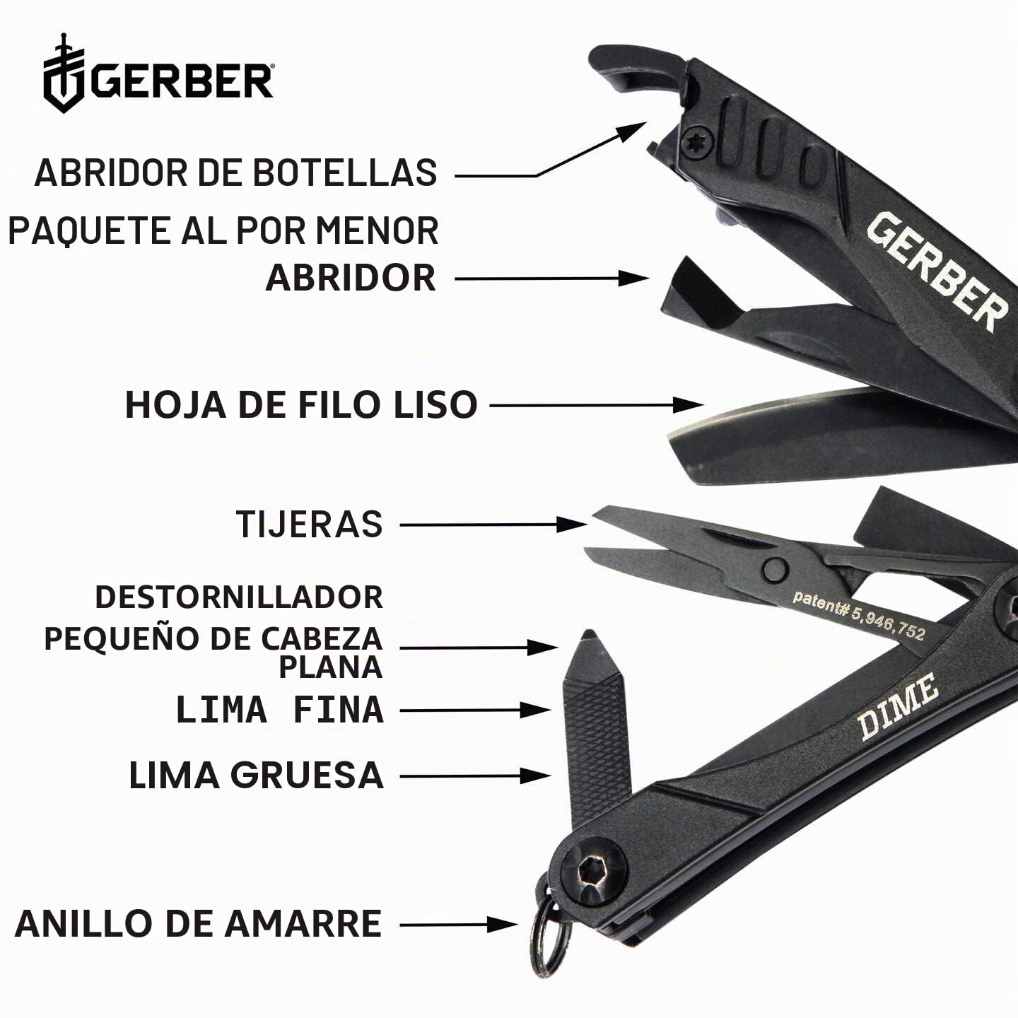 Gerber Multiherramienta con 12 funciones, Dime Pocket Multi-tool, Negro, 31-003610