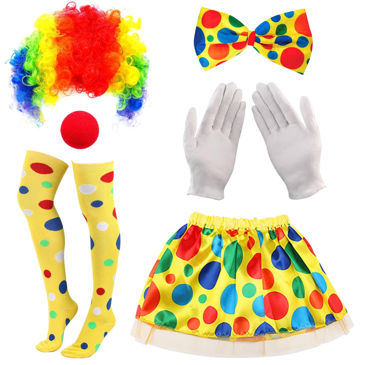 6 Piezas Disfraz de Payaso Mujer Carnaval, con Peluca Arcoíris, Nariz de Payaso, Pajarita, Guantes, Minifalda y Calcetines Altos, Accesorios de Disfraz Cosplay, para Carnaval y Fiestas de Halloween