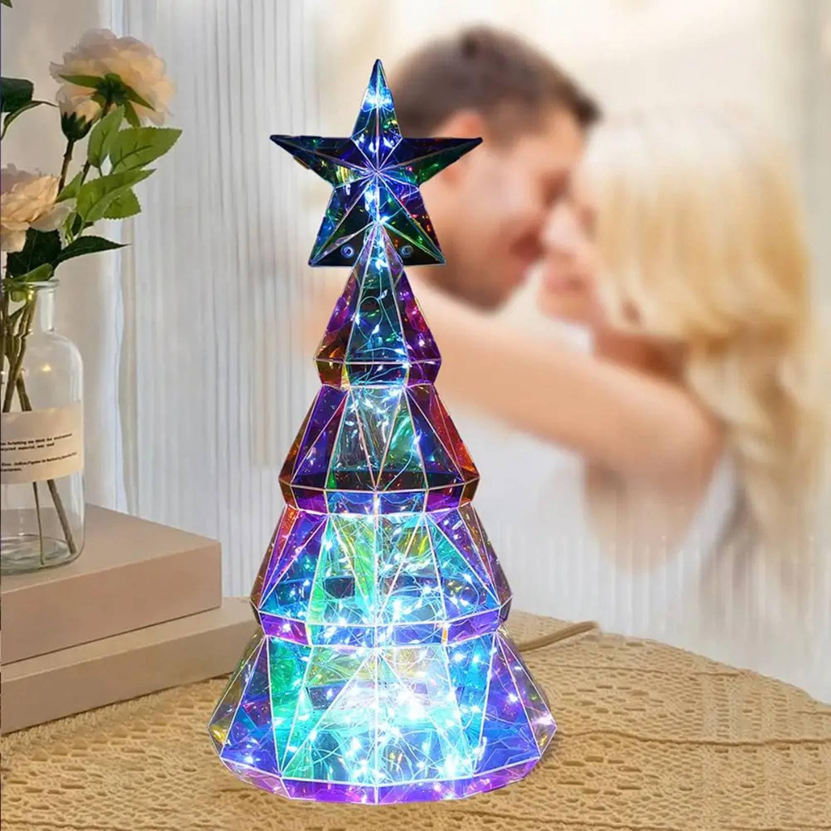 3X Adorno de Luz Navideña, Figura de Árbol de Navidad Colorida Alimentada por USB con Estrella, Centro de Mesa Hecho A Mano para Navidad