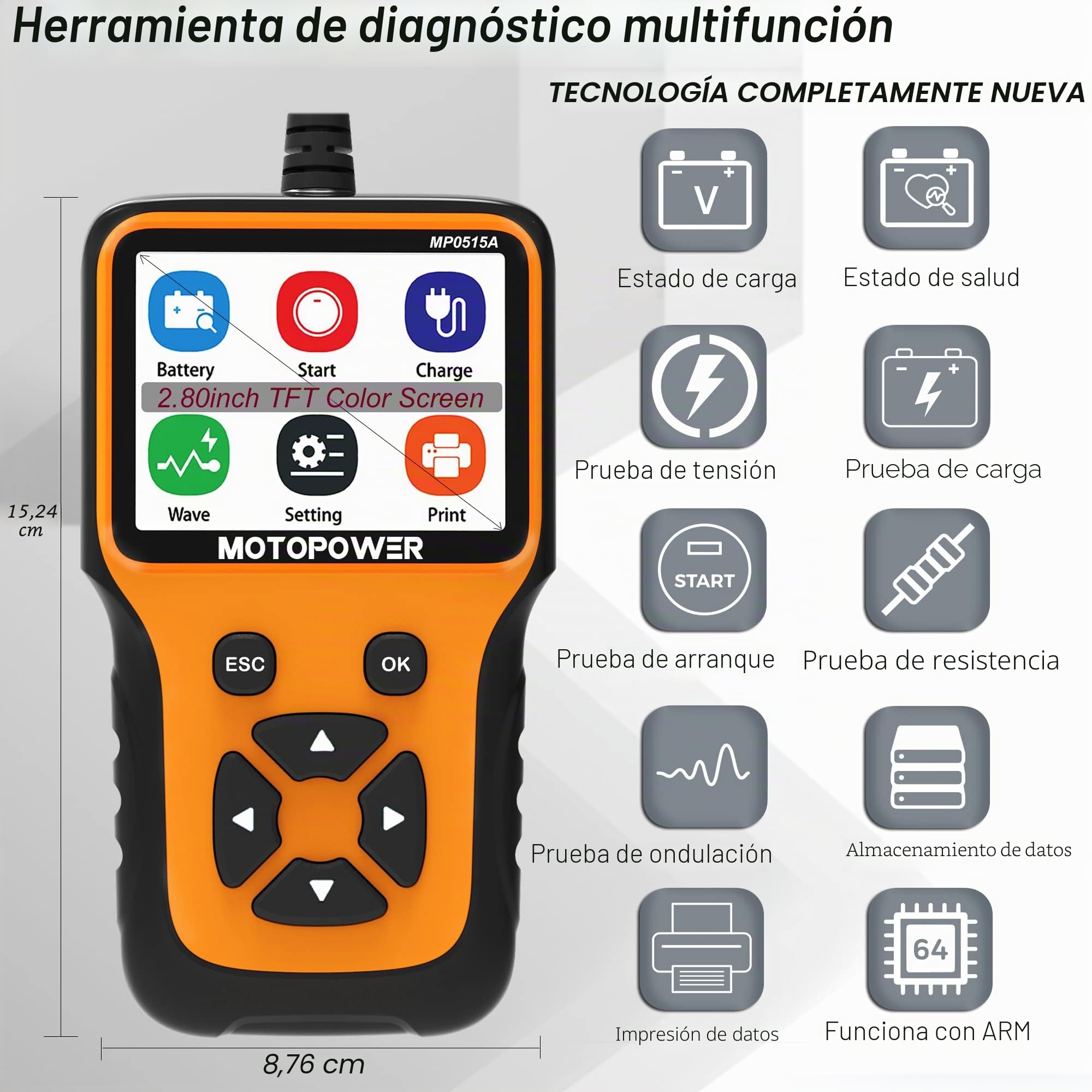 MOTOPOWER MP0515A 12V Probador de carga de batería de coche y analizador de alternador