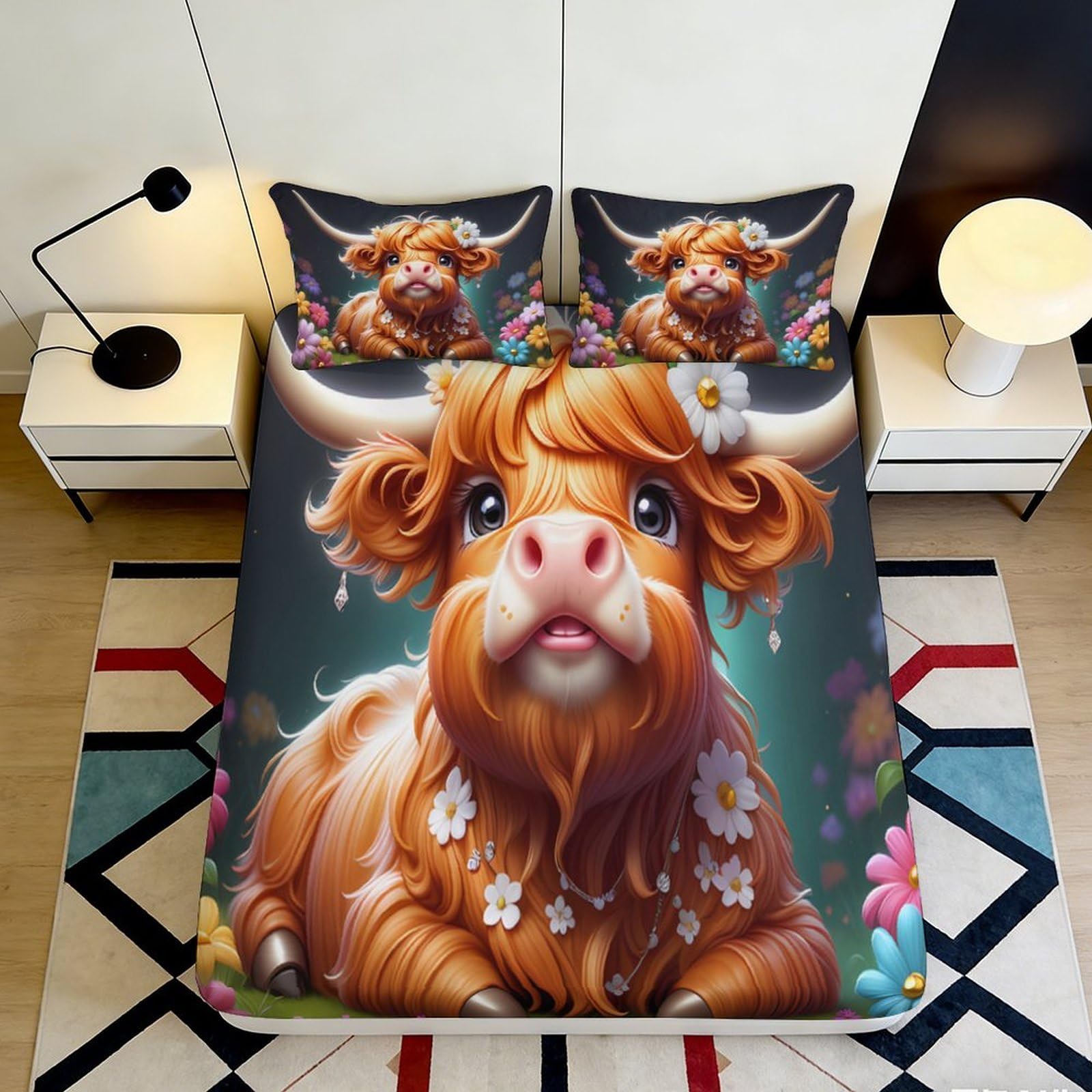 Pnayamiorkfel Style-1 3D Printed Highland Cow Fitted Sheet Microfiber Soft Decorative Floral Bed Cover For Bedroom Guest Room Dorm Mattress Protection 90X200x25cm
