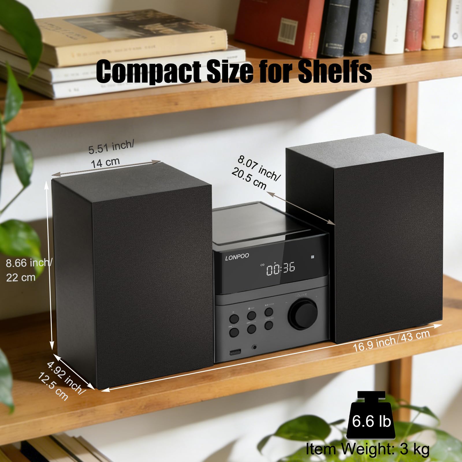 Sistema estéreo para casa Micro HiFi Compacto con Reproductor de CD, Bluetooth, Radio FM, USB, AUX-in, Pantalla LED y botón Grande, Mando a Distancia (lp-128)