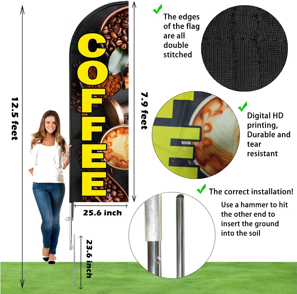 Coffee Feather Flag Kit - 8 Feet Swooper Flag & 12 Feet Flagpole Kit with Heavy Duty Ground Stake and Portable Travel Bag