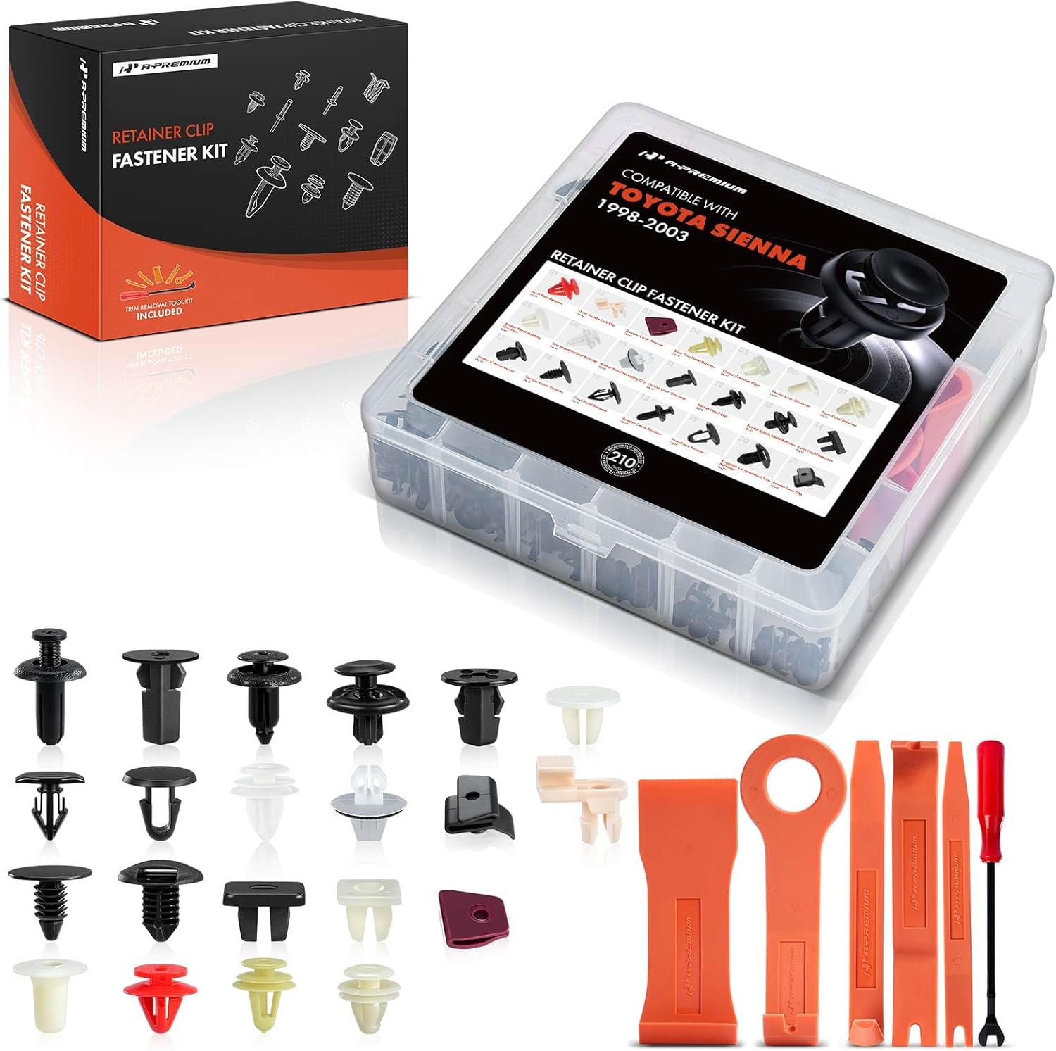 A-Premium 210 PCS Bumper Retainer Clips Plastic Rivets Push Retainer Kit 21 Sizes 40.48oz Door Trim Panel Fender Hood Clips Compatible with Toyota Sienna 1998-2003, w/Removal Tool