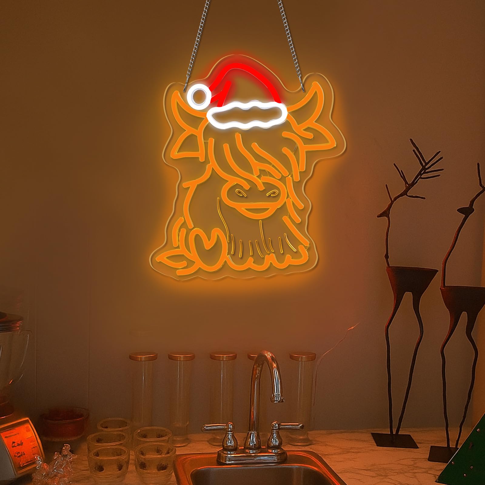 Riakrum Panneau néon en forme de vache des Highlands - Décoration de fenêtre de Noël pour chambre à coucher, salon, fête de vacances