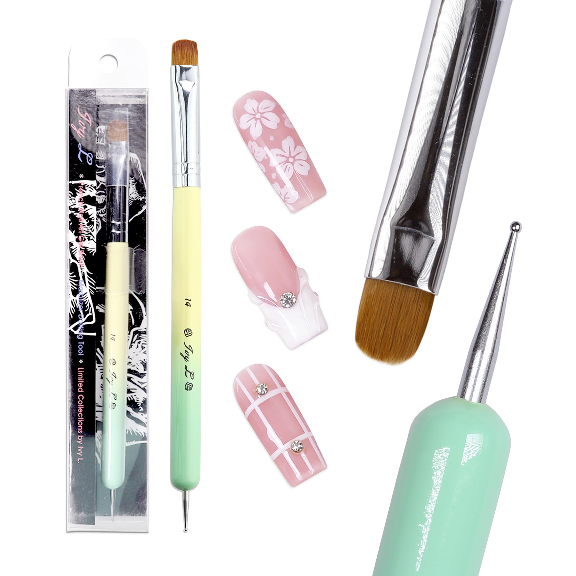 Ivy-L Premium 2 Way Finest French Gel Acrylic Nail Art Kolinsky Brush with Dotting Tool with Green and Yellow Ombre Wood Handle (Size 14)