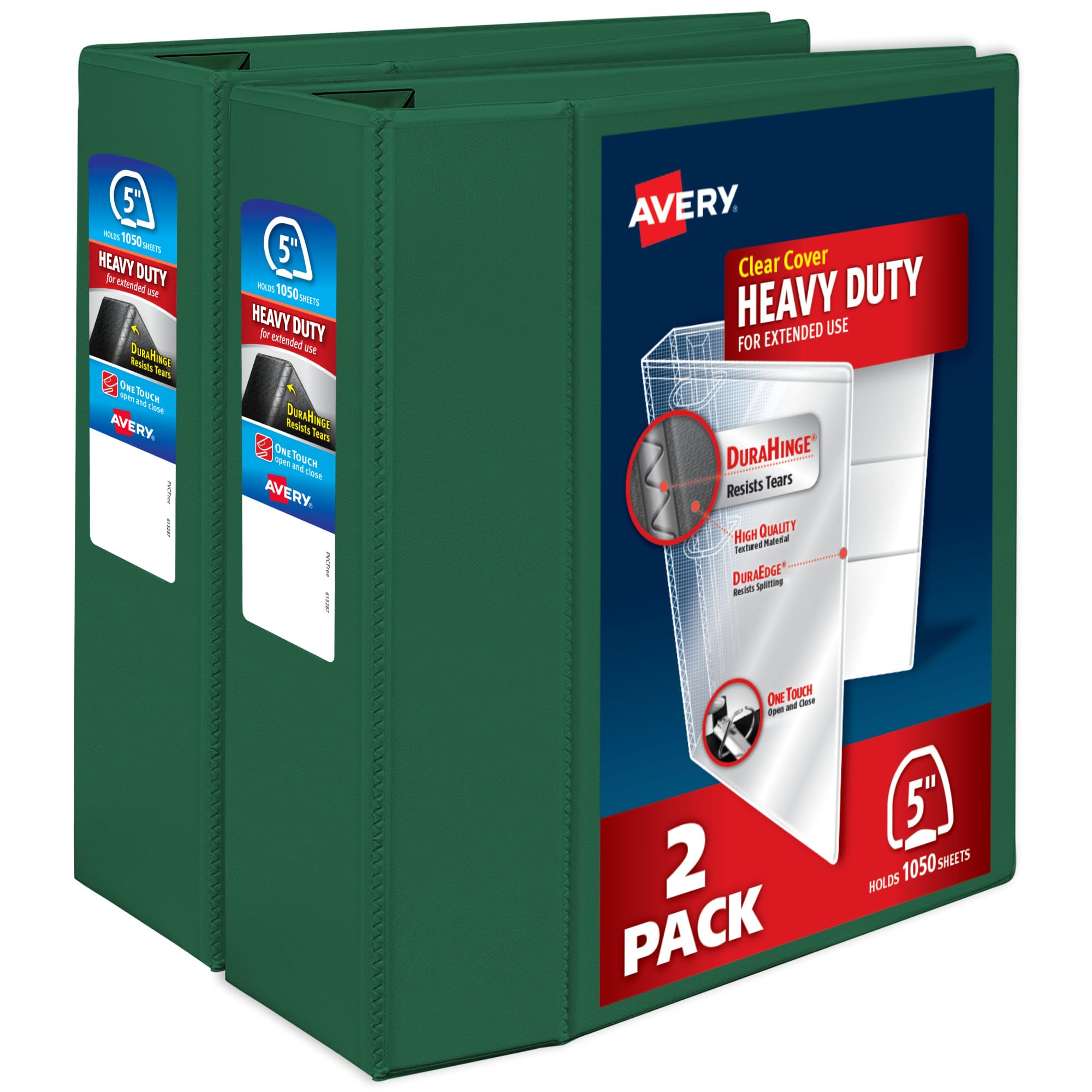 Avery Raccoglitori a 3 anelli resistenti, anelli One Touch EZD da 12,7 cm, capacità 1.050 fogli, dorso largo 6,9 cm, copertina trasparente e dorso personalizzabili, raccoglitori verdi (confezione da 2