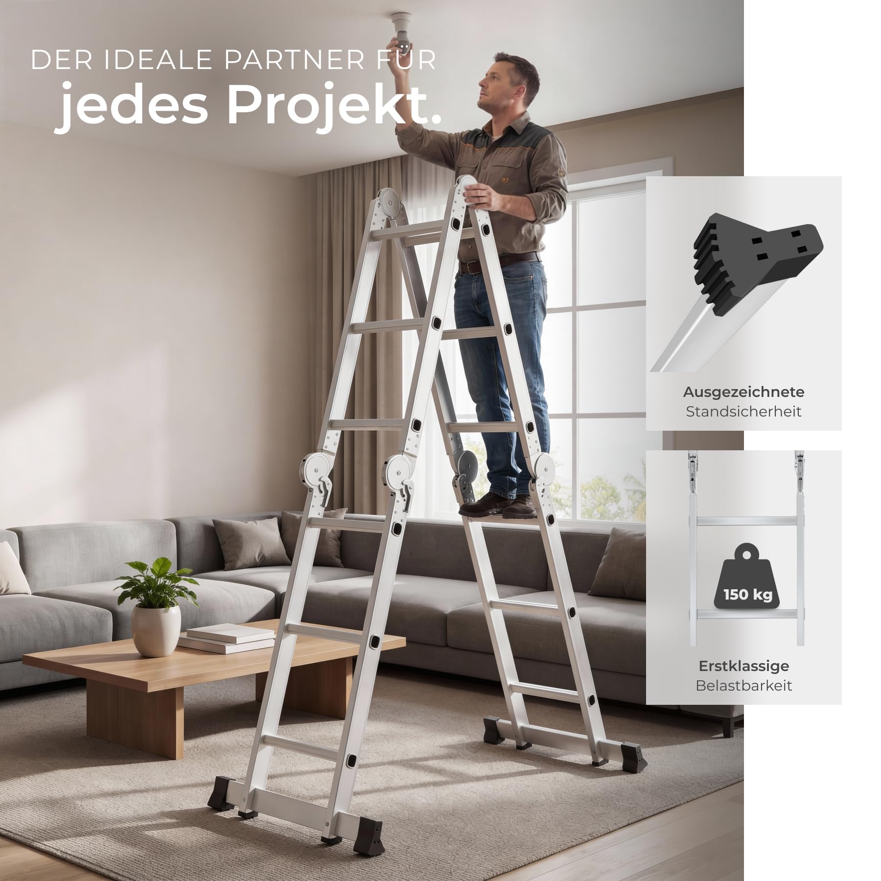 tectake® Aluminium Mehrzweckleiter 6in1, 4 x 3 Sprossen, 352 cm, Belastbarkeit 150 kg, geriffelte Trittfläche, klappbar, rutschfest, abgerundete Kanten, Multifunktionsleiter, Haushaltsleiter - Silber