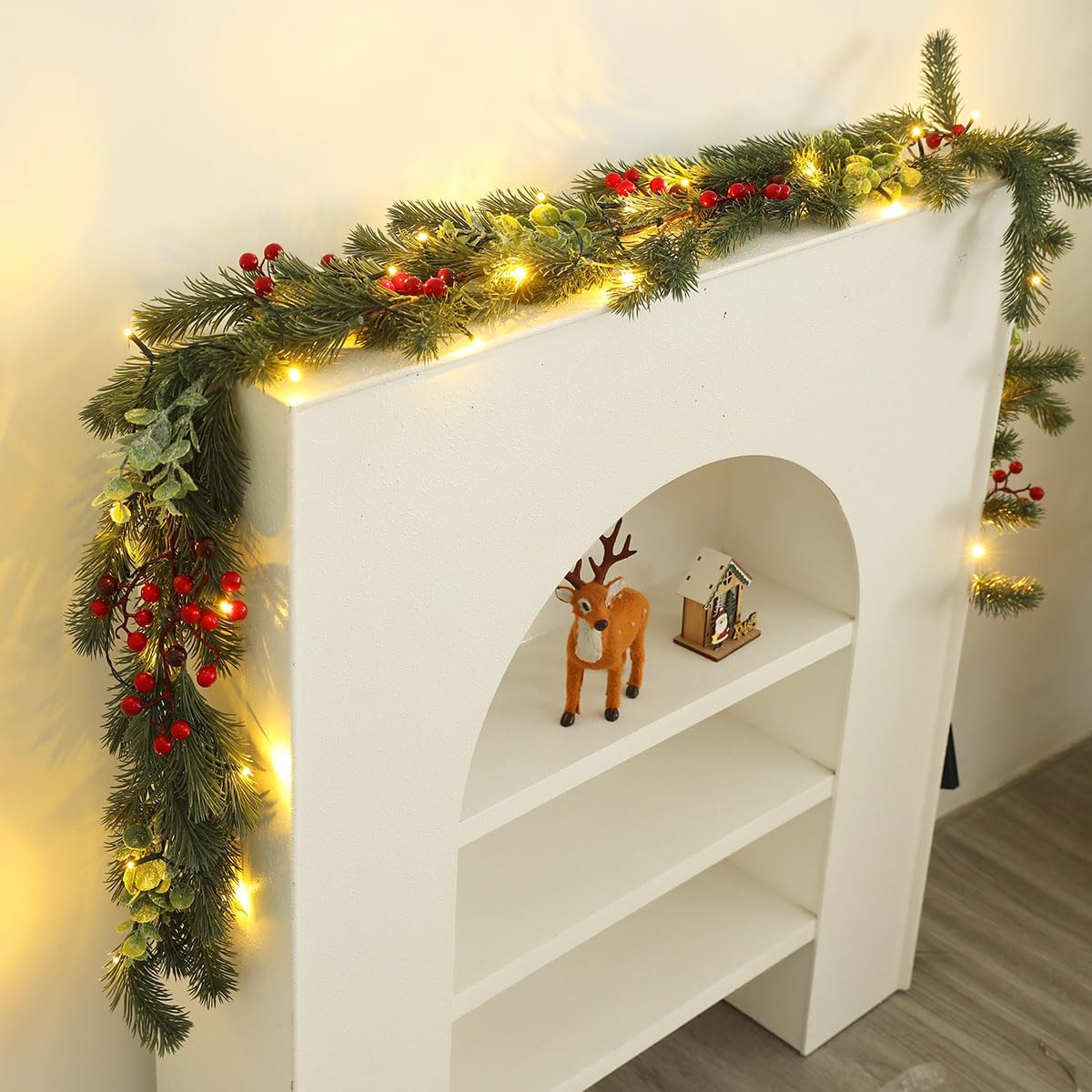 Christmas Garland Artificial Pine Decoration - 2 Pack Fake Green Cedar Garland Realistic Christmas Norfolk with Berry for Winter Holiday Mantle Fireplace Table Wall Window
