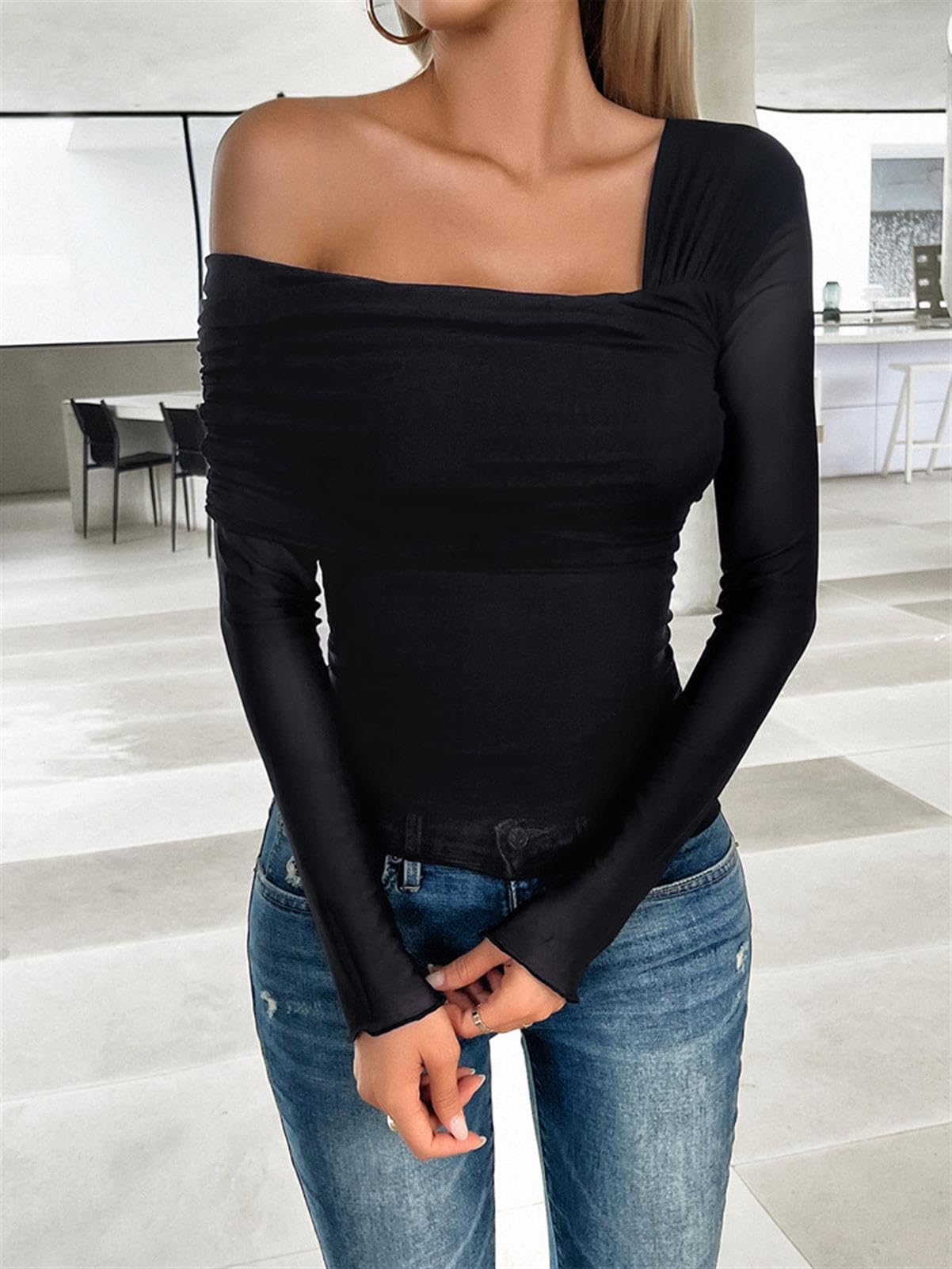Frauen Slim Fit T-Shirts Gerafftes Crop Top Schulterfrei Langarm Casual Ausgehen Tops