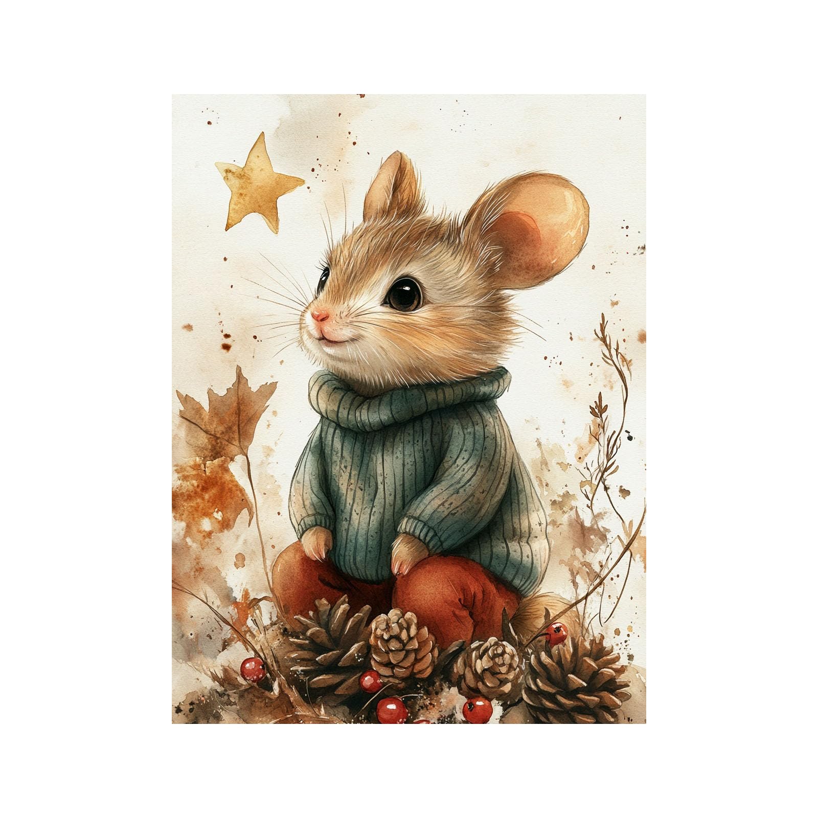 TERUEA Tela Animali Stampe Decorazione Topo Maglia Acquerello Autunno Pino Bacca stampa artistica su tela, poster decorativo moderno, per camera da letto(Brown)-80x120cm Non incorniciato