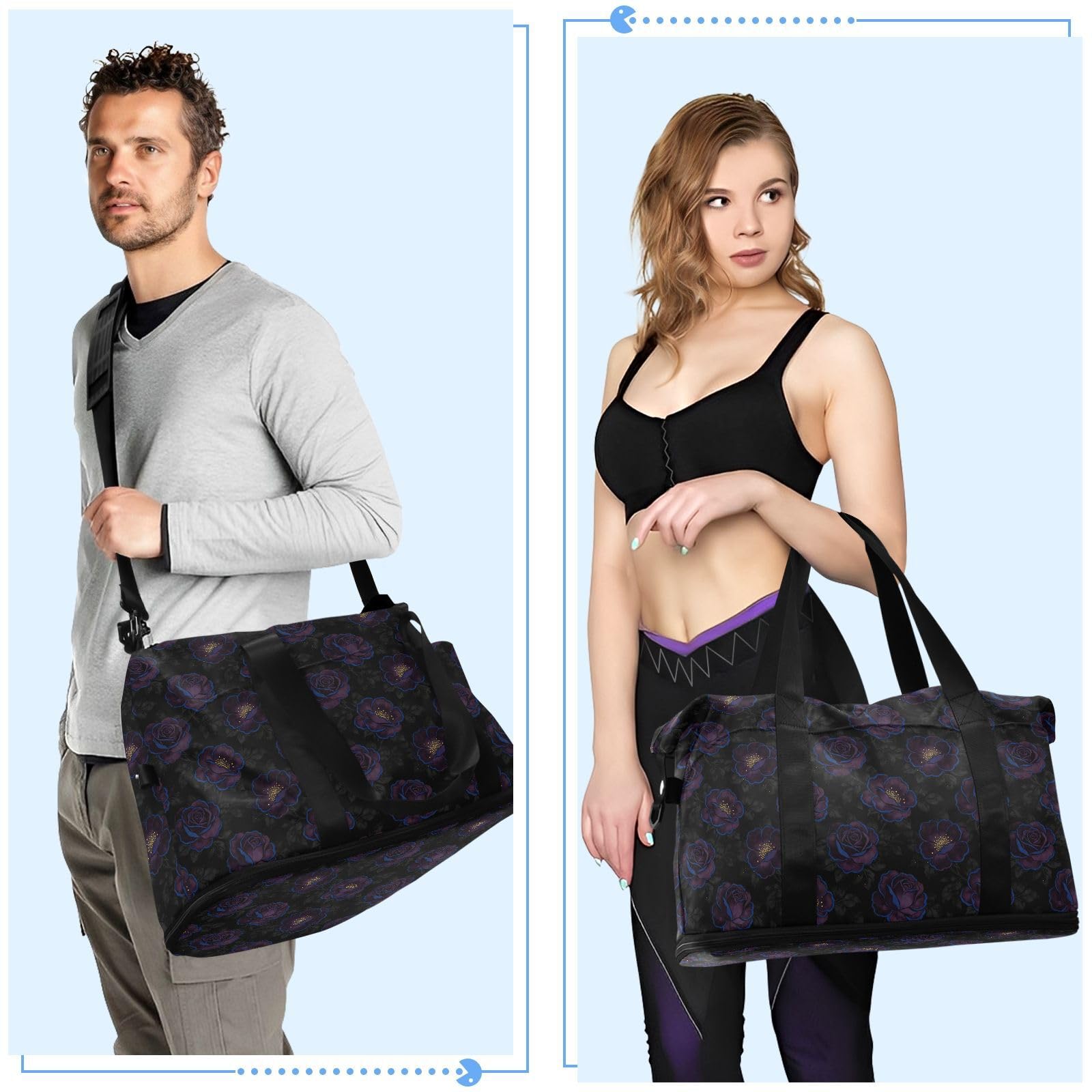 Borsone pieghevole con fiore viola scuro nero borsa da viaggio Weekender Gear Bag con borsa da toilette per escursionismo