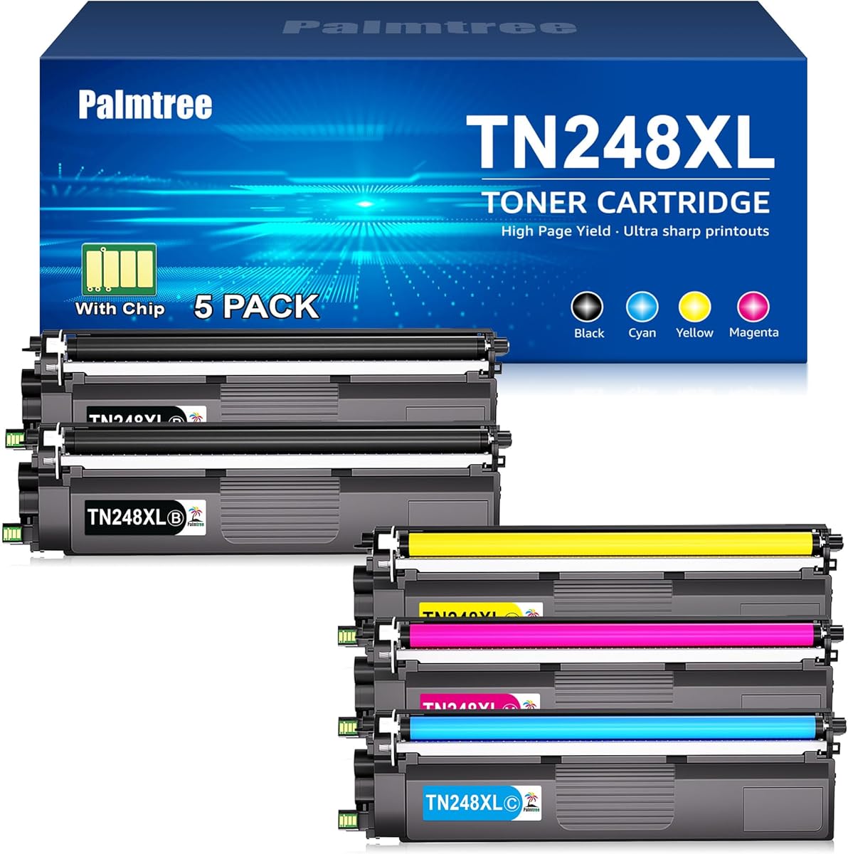 Palmtree TN248XL TN248 Toner Cartridges Compatible for Brother HL-L3220CWE Brother MFC-L3740CDWE Brother DCP-L3560CDW DCP-L3520CDWE Brother MFC-L3760CDW HL-L3240CDW TN-248CMYK Value Pack TN-248XL